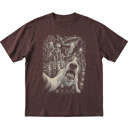 Jack Russell Alien Selfie Gildan Softstyle T-Shirt in Dark Chocolate, flat view