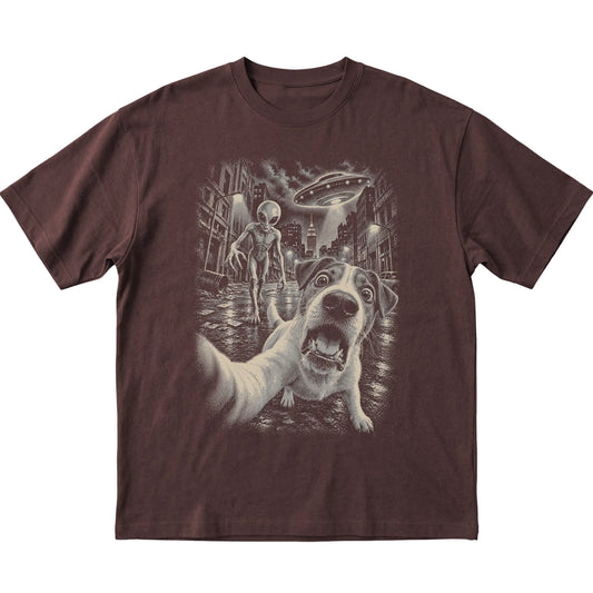 Jack Russell Alien Selfie Gildan Softstyle T-Shirt in Dark Chocolate, flat view