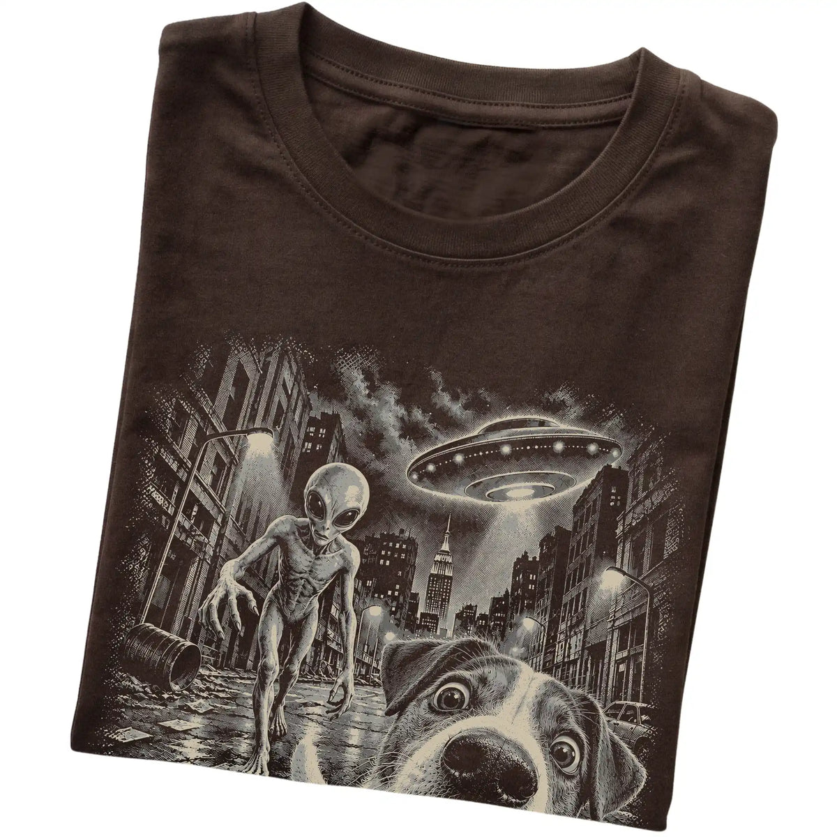 Jack Russell Alien Selfie Gildan Softstyle T-Shirt in Dark Chocolate, folded view
