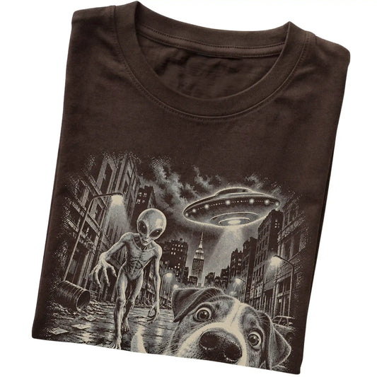 Jack Russell Alien Selfie Gildan Softstyle T-Shirt in Dark Chocolate, folded view