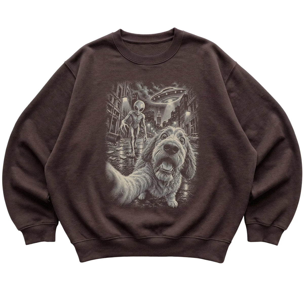 Labradoodle Alien Selfie Gildan Crewneck Sweatshirt in Dark Chocolate, flat view