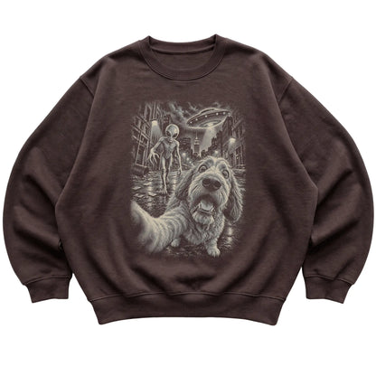 Labradoodle Alien Selfie Gildan Crewneck Sweatshirt in Dark Chocolate, flat view