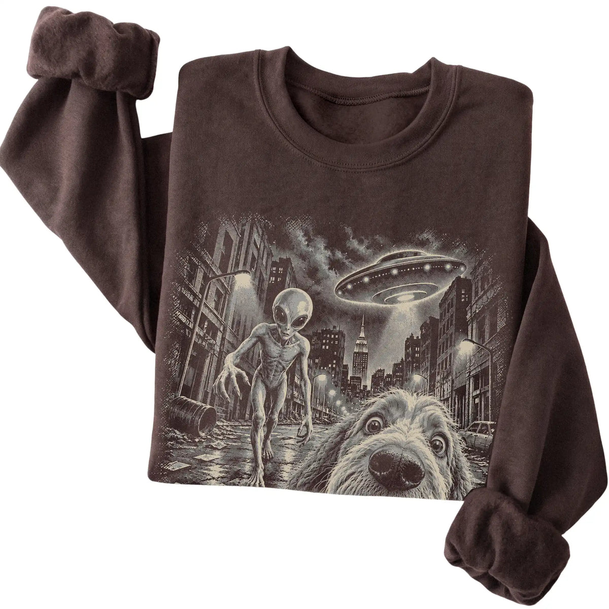Labradoodle Alien Selfie Gildan Crewneck Sweatshirt in Dark Chocolate, folded view