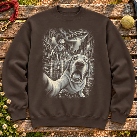 Labrador Retriever and alien selfie design on a Dark Chocolate crewneck sweatshirt shown flat