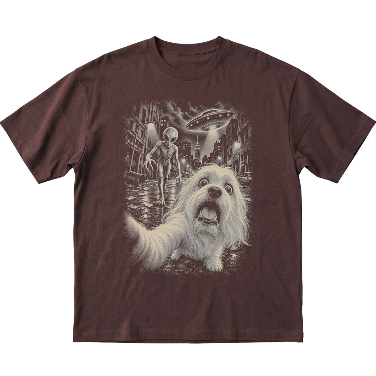 Maltese Alien Selfie Gildan Softstyle T-Shirt in Dark Chocolate, flat view