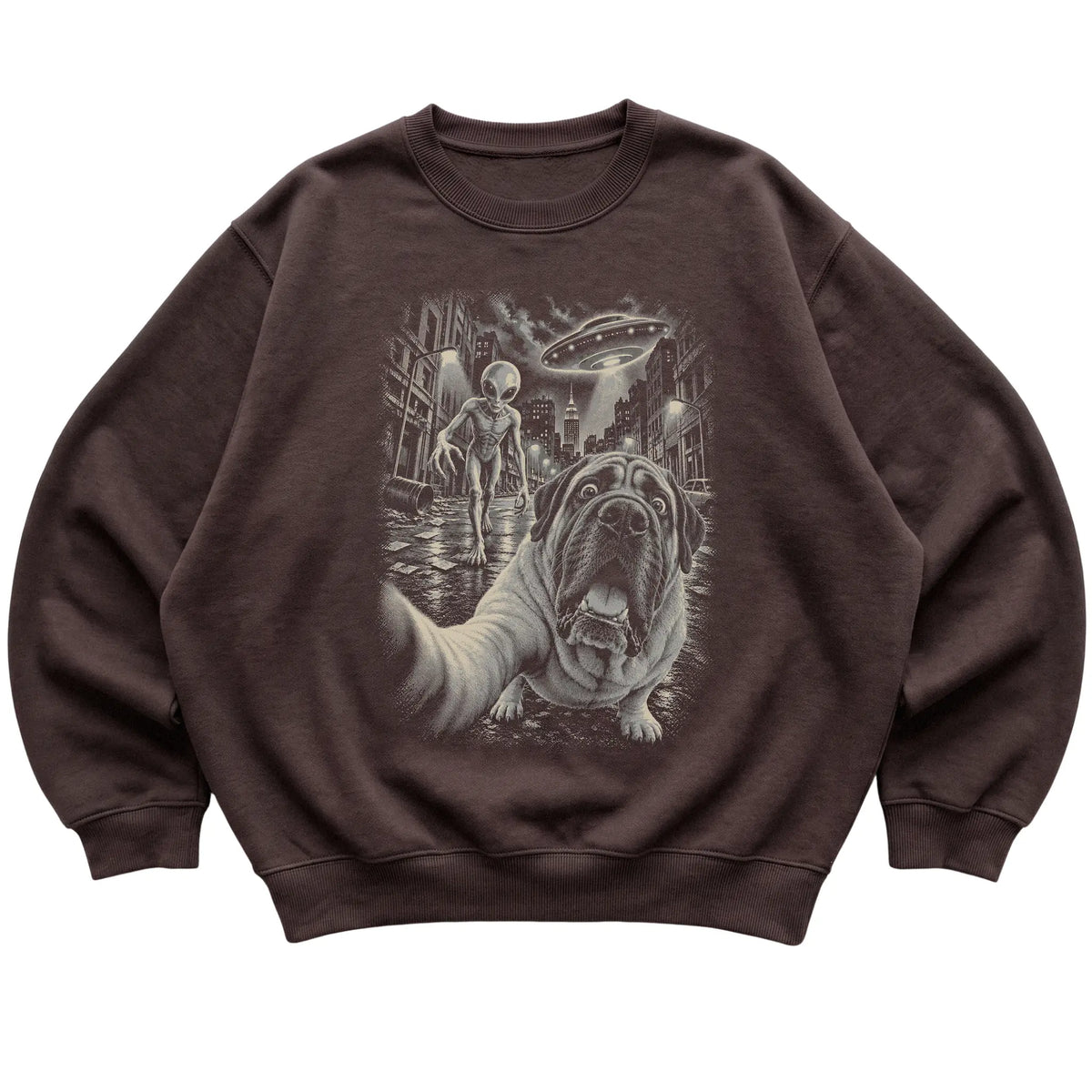 Mastiff Alien Selfie Gildan Crewneck Sweatshirt in Dark Chocolate, flat view