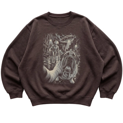 Mastiff Alien Selfie Gildan Crewneck Sweatshirt in Dark Chocolate, flat view