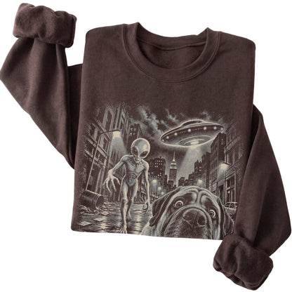 Mastiff Alien Selfie Gildan Crewneck Sweatshirt in Dark Chocolate, folded view