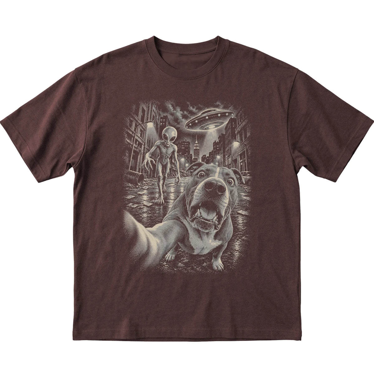 Pitbull Alien Selfie Gildan Softstyle T-Shirt in Dark Chocolate, flat view