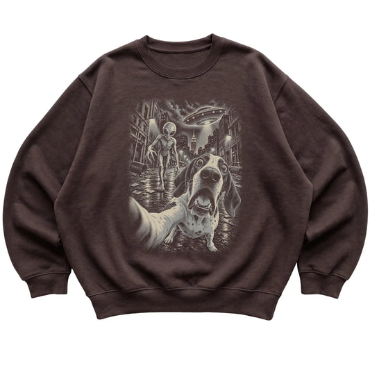 Pointer Alien Selfie Gildan Crewneck Sweatshirt in Dark Chocolate, flat view