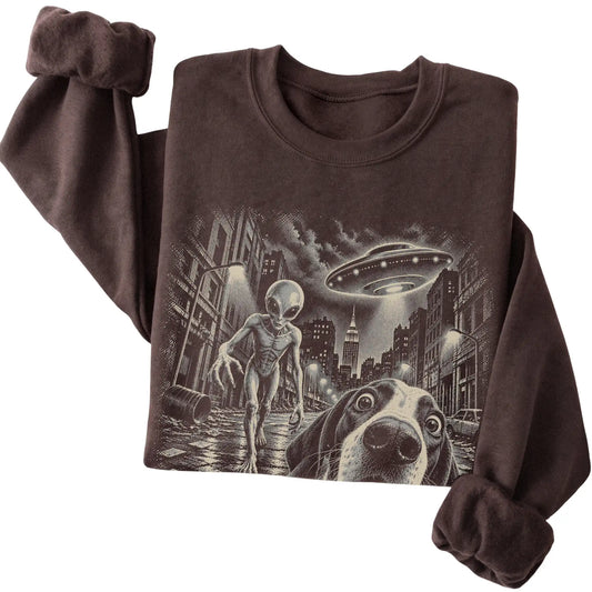 Pointer Alien Selfie Gildan Crewneck Sweatshirt in Dark Chocolate, folded view