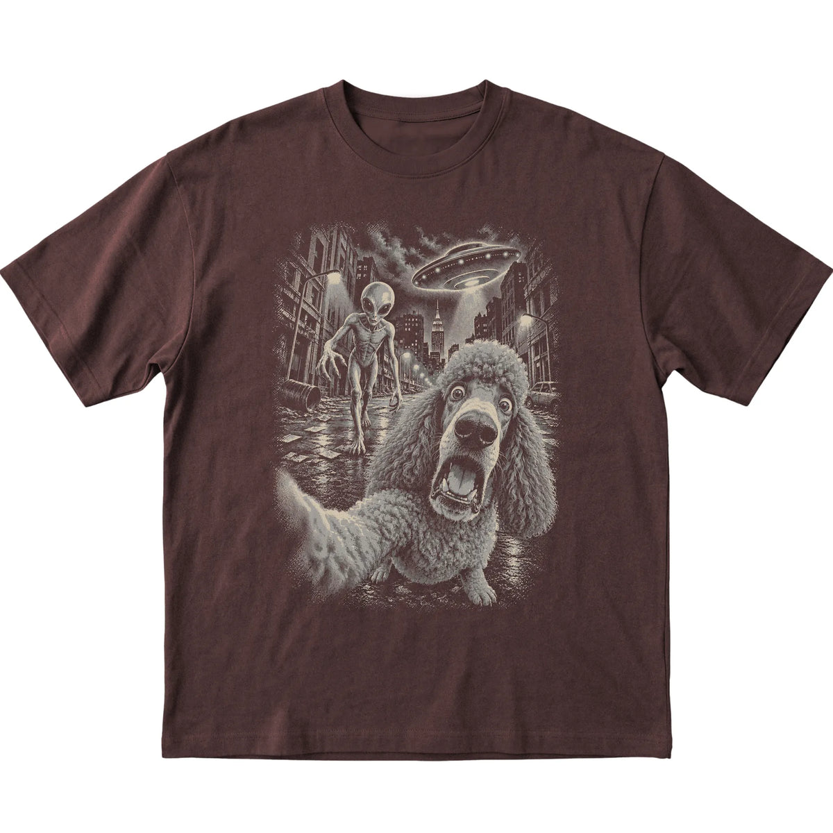 Poodle Alien Selfie Gildan Softstyle T-Shirt in Dark Chocolate, flat view