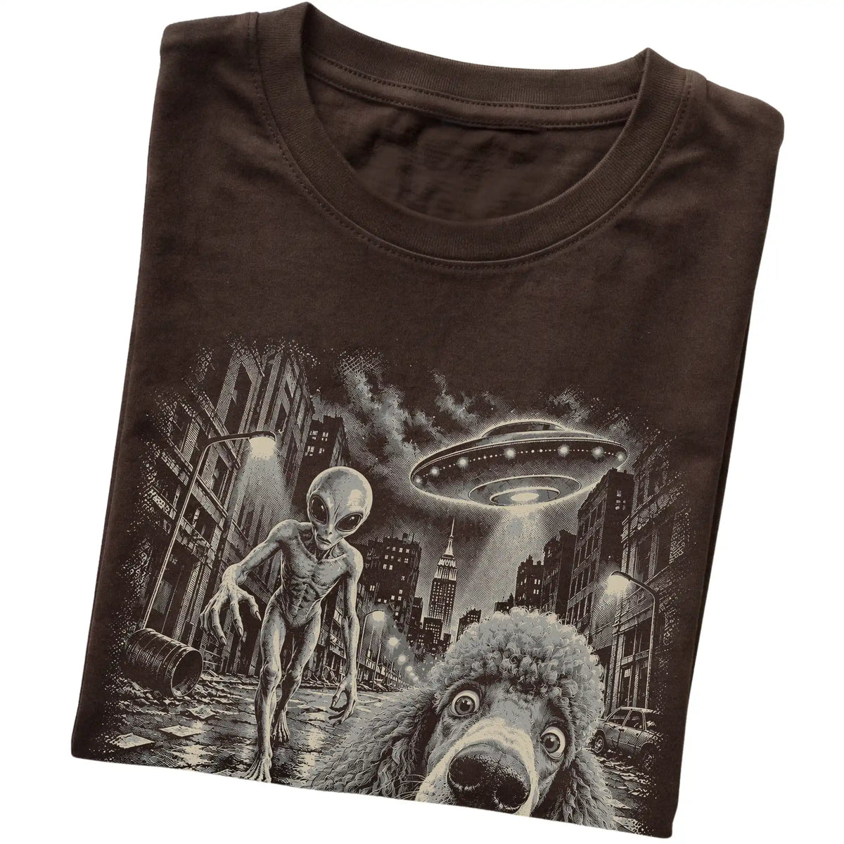 Poodle Alien Selfie Gildan Softstyle T-Shirt in Dark Chocolate, folded view