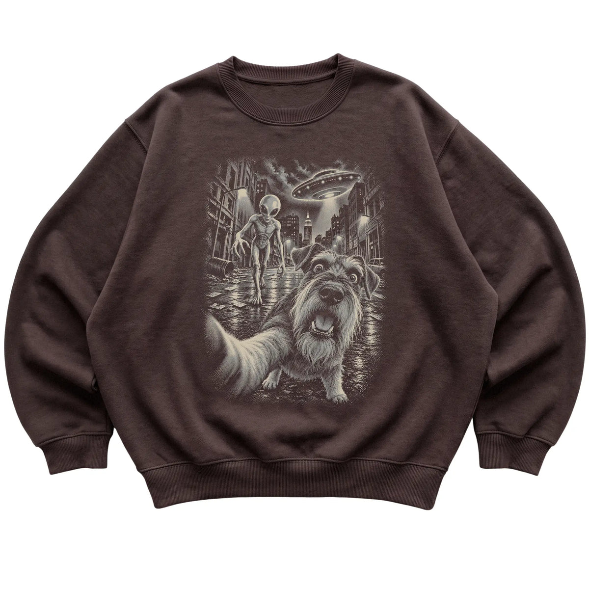 Schnauzer Alien Selfie Gildan Crewneck Sweatshirt in Dark Chocolate, flat view