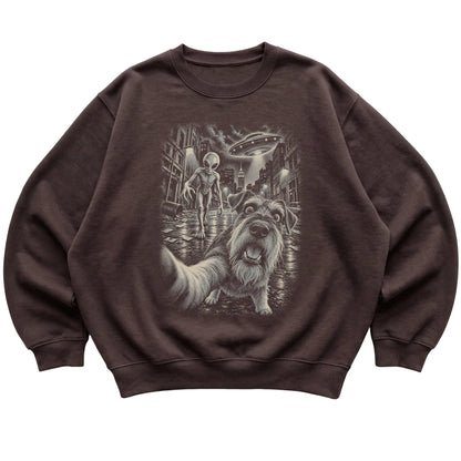 Schnauzer Alien Selfie Gildan Crewneck Sweatshirt in Dark Chocolate, flat view
