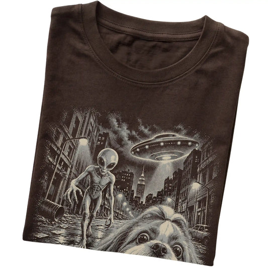 Shih Tzu Alien Selfie Gildan Softstyle T-Shirt in Dark Chocolate, folded view