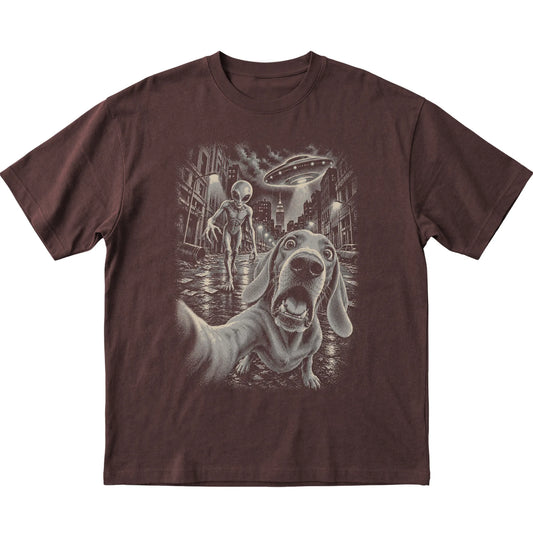 Weimaraner Alien Selfie Gildan Softstyle T-Shirt in Dark Chocolate, flat view