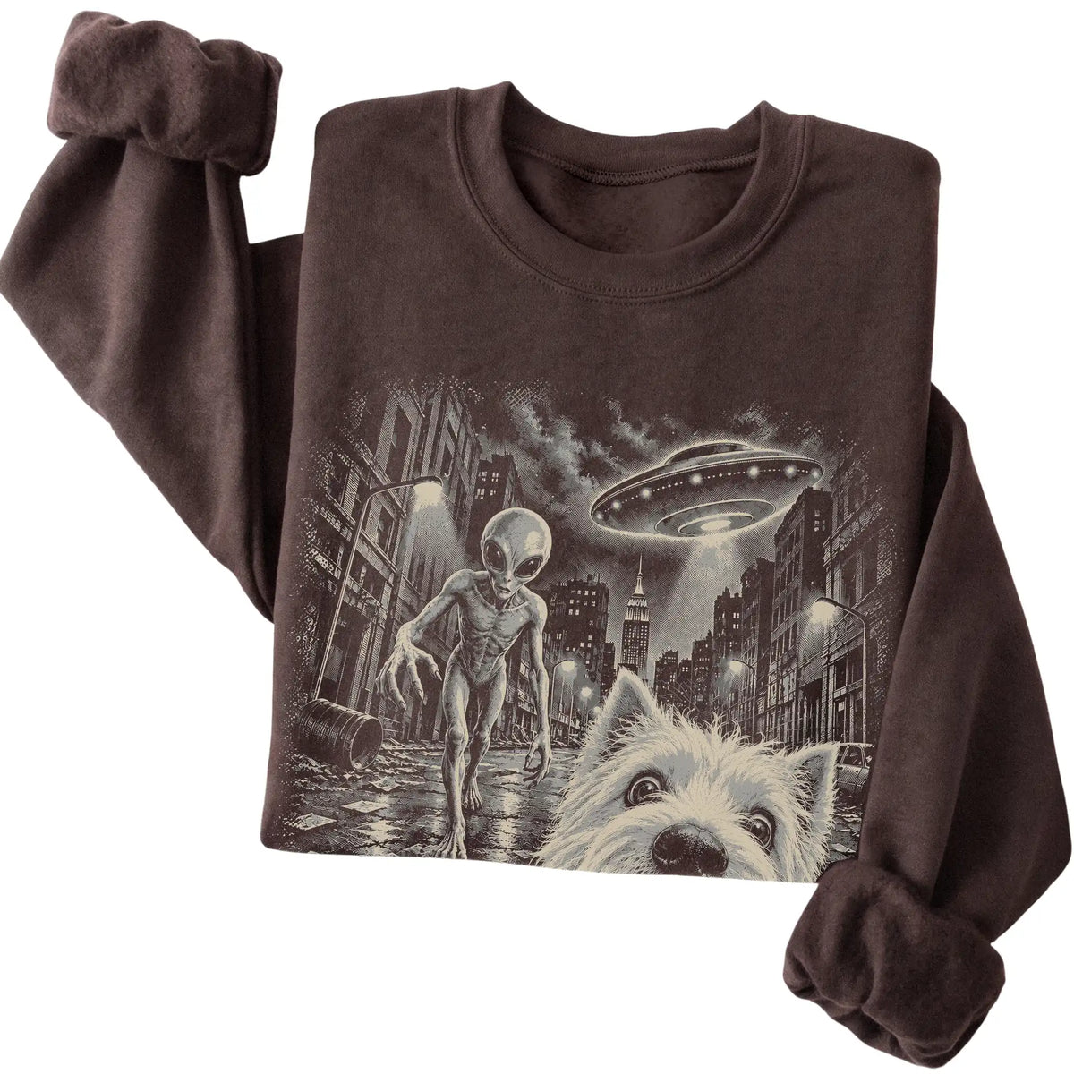 Westie Alien Selfie Gildan Crewneck Sweatshirt in Dark Chocolate, folded view
