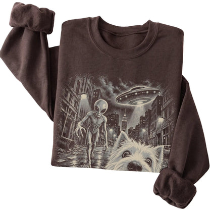 Westie Alien Selfie Gildan Crewneck Sweatshirt in Dark Chocolate, folded view