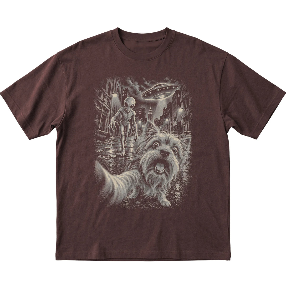 Yorkie Alien Selfie Gildan Softstyle T-Shirt in Dark Chocolate, flat view