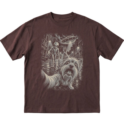 Yorkie Alien Selfie Gildan Softstyle T-Shirt in Dark Chocolate, flat view