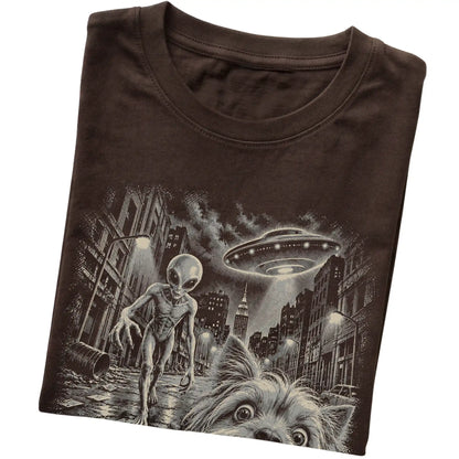 Yorkie Alien Selfie Gildan Softstyle T-Shirt in Dark Chocolate, folded view