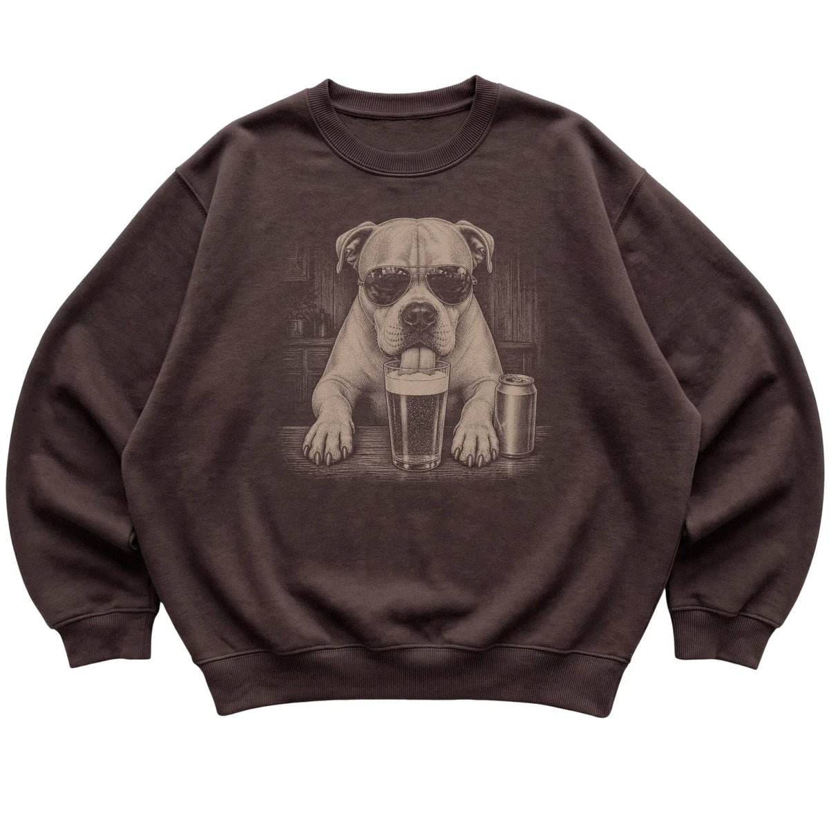 Dark Chocolate American Bulldog drinking from a pint at a bar, laid flat