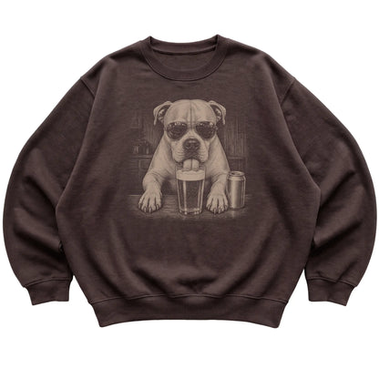 Dark Chocolate American Bulldog drinking from a pint at a bar, laid flat