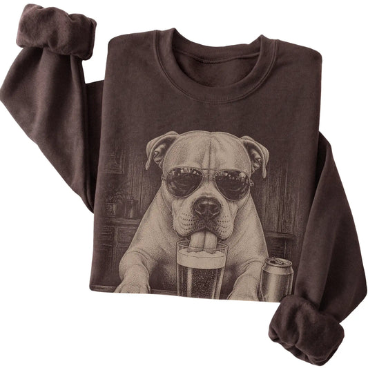 Dark Chocolate American Bulldog drinking from a pint at a bar, folded detail view