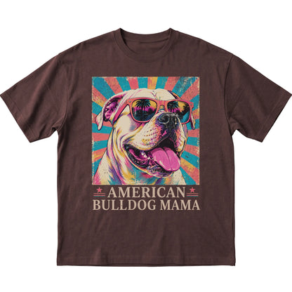 Retro American Bulldog Mama design on a Dark Chocolate softstyle T-shirt