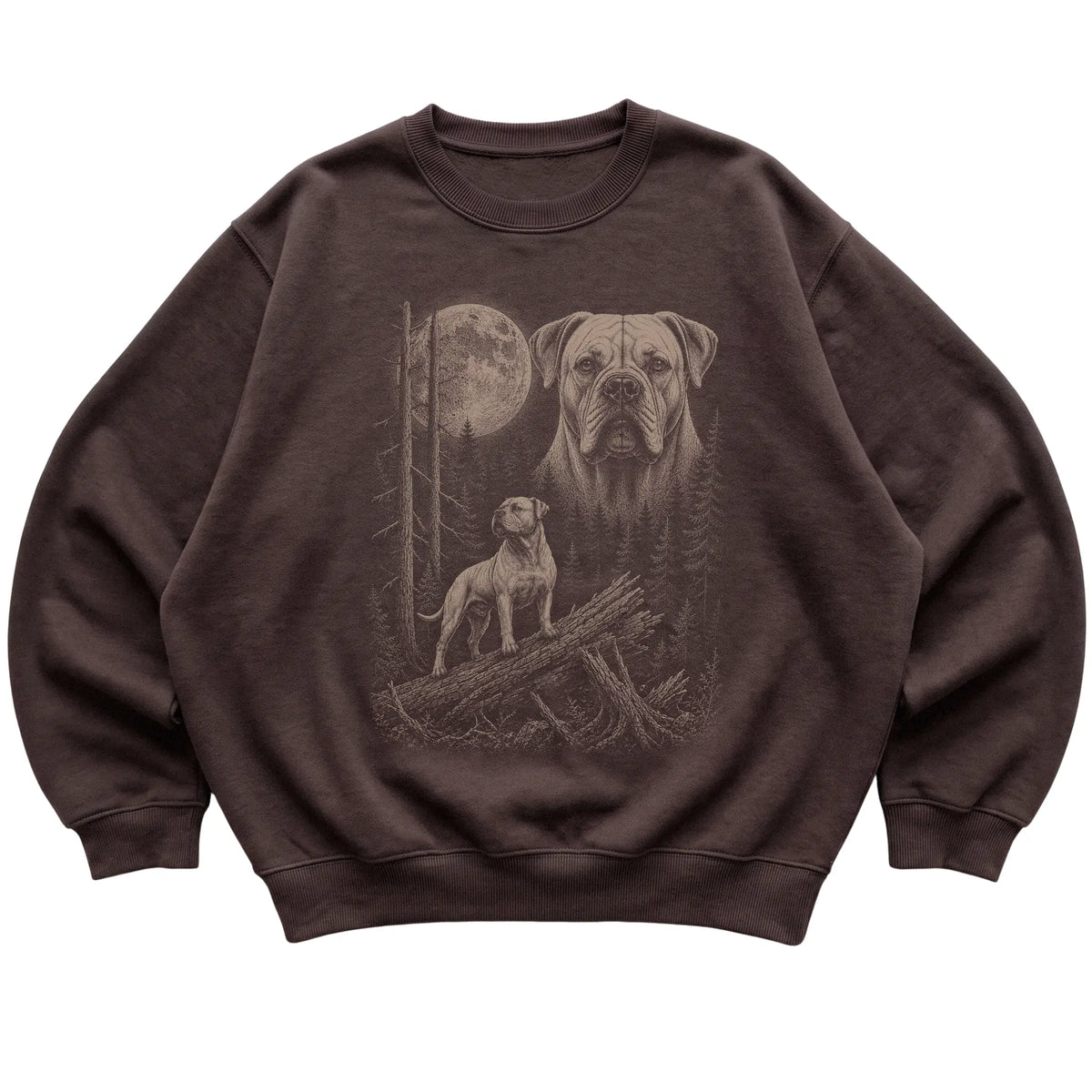American Bulldog Moonlit Forest graphic on a dark chocolate crewneck sweatshirt laid flat