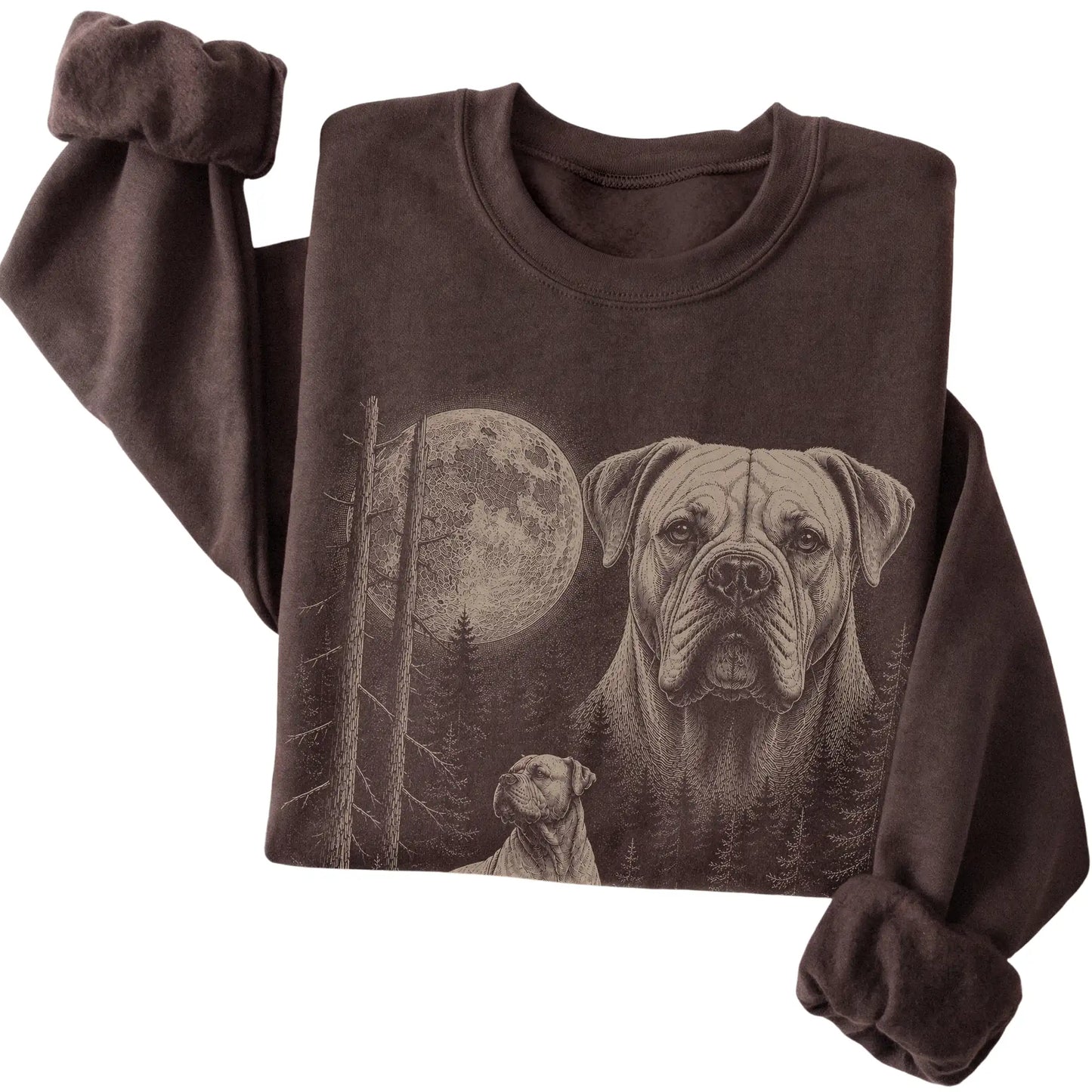 Folded dark chocolate crewneck sweatshirt showing the American Bulldog Moonlit Forest graphic