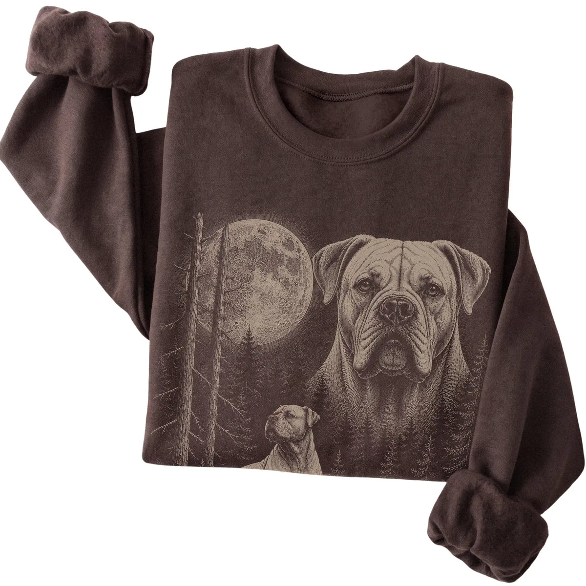 Folded dark chocolate crewneck sweatshirt showing the American Bulldog Moonlit Forest graphic