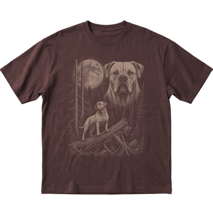 American Bulldog Moonlit Forest graphic on a dark chocolate Softstyle T-shirt laid flat