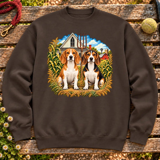 American Dogthic Beagle farmhouse design on a Dark Chocolate Gildan® Heavy Blend sweatshirt