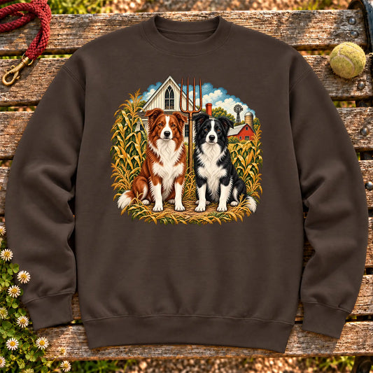 American Dogthic Border Collie farmhouse design on a Dark Chocolate Gildan® Heavy Blend sweatshirt