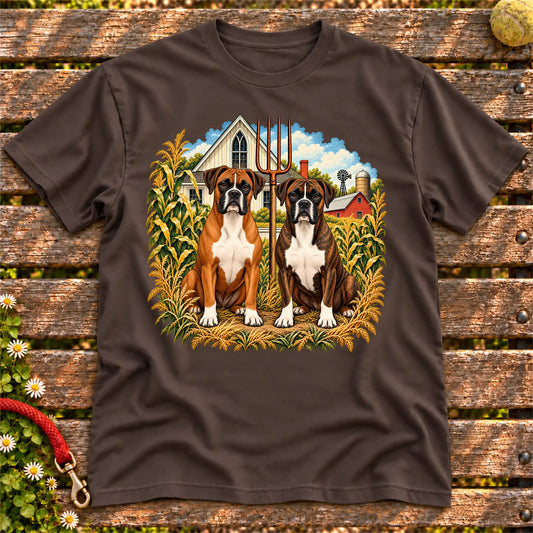American Dogthic Boxer farmhouse design on a Dark Chocolate Gildan® Softstyle T-shirt