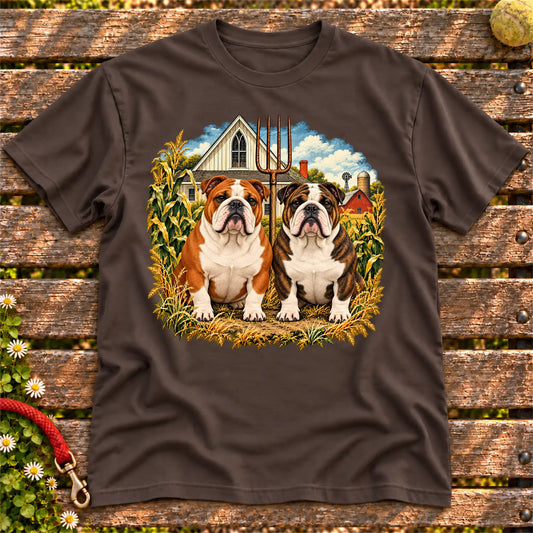 American Dogthic Bulldog farmhouse design on a Dark Chocolate Gildan® Softstyle T-shirt