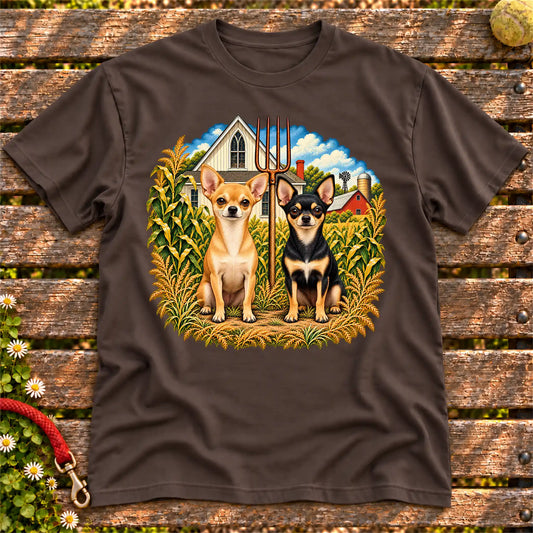 American Dogthic Chihuahua farmhouse design on a Dark Chocolate Gildan® Softstyle T-shirt