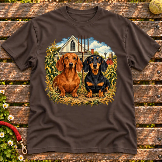American Dogthic Dachshund farmhouse design on a Dark Chocolate Gildan® Softstyle T-shirt