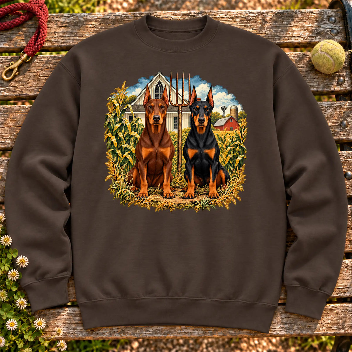 American Dogthic Doberman farmhouse design on a Dark Chocolate Gildan® Heavy Blend sweatshirt