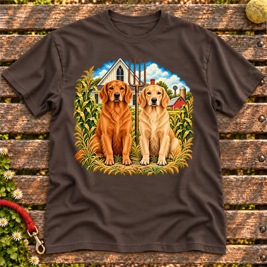 American Dogthic Golden Retriever farmhouse design on a Dark Chocolate Gildan® Softstyle T-shirt