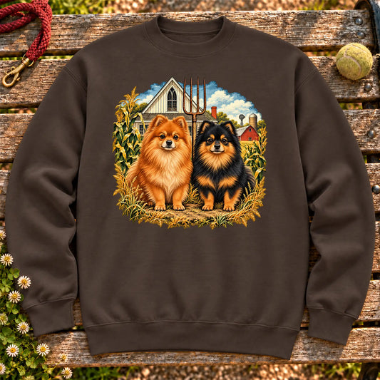 American Dogthic Pomeranian farmhouse design on a Dark Chocolate Gildan® Heavy Blend sweatshirt