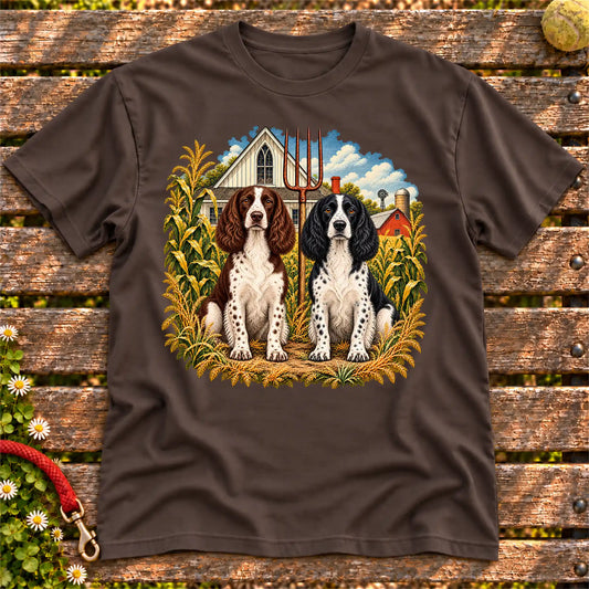 American Dogthic Springer Spaniel farmhouse design on a Dark Chocolate Gildan® Softstyle T-shirt