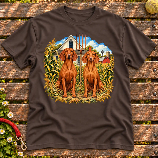 American Dogthic Vizsla farmhouse design on a Dark Chocolate Gildan® Softstyle T-shirt