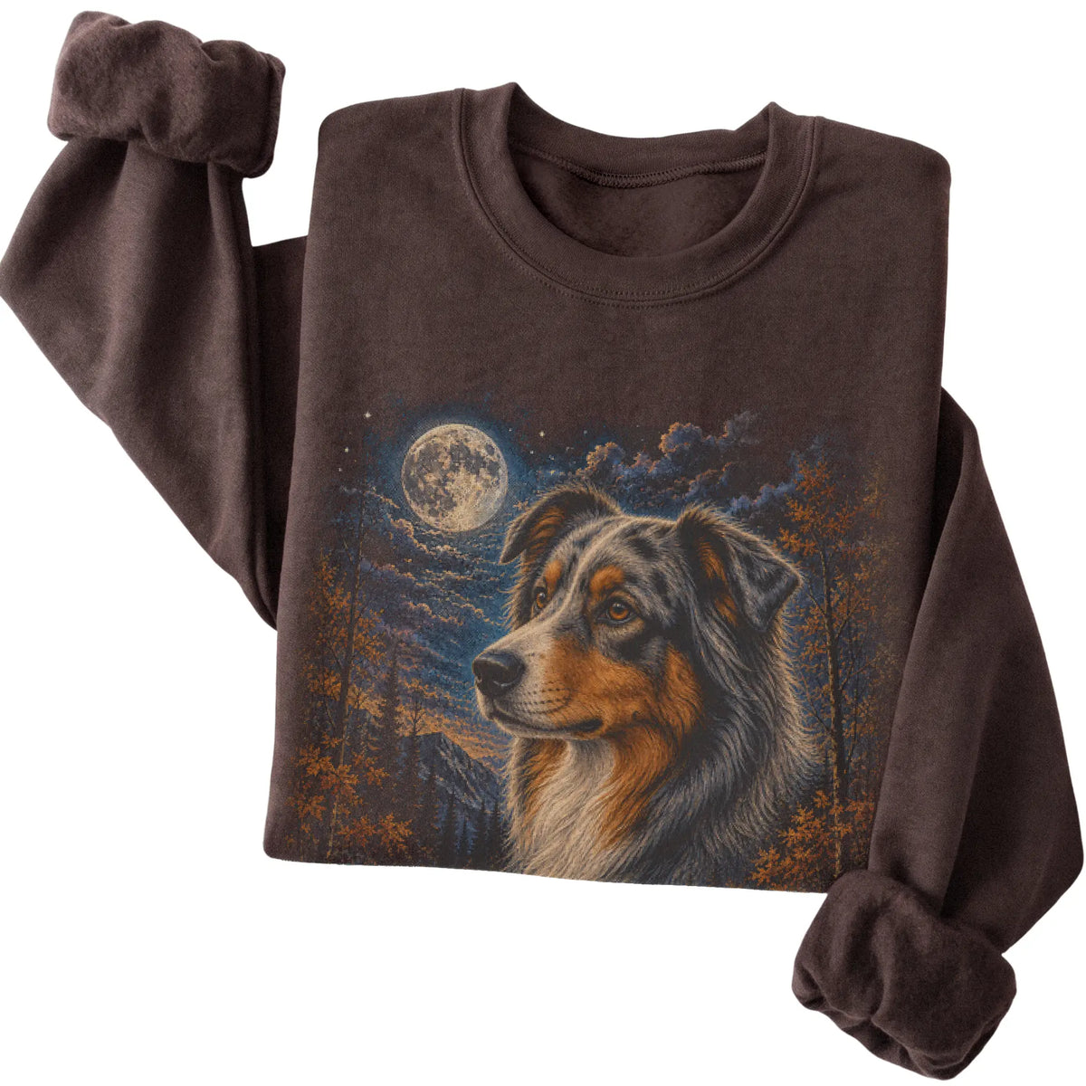 Folded dark chocolate sweatshirt with Australian Shepherd Autumn Moon artwork.