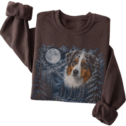Australian Shepherd Forest Moon Sweatshirt in Dark Chocolate