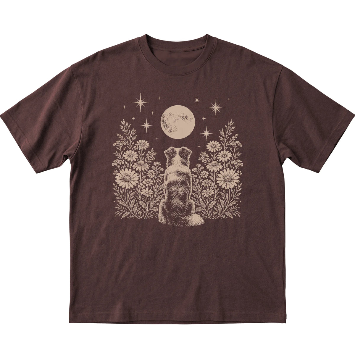 Dark Chocolate T-shirt featuring Wildflower Moon Australian Shepherd, laid-flat presentation
