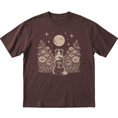 Dark Chocolate T-shirt featuring Wildflower Moon Australian Shepherd, laid-flat presentation