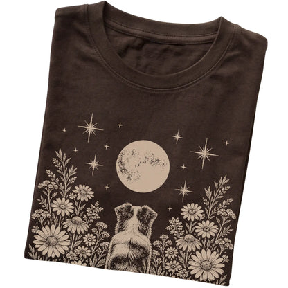 Dark Chocolate T-shirt featuring Wildflower Moon Australian Shepherd, folded presentation